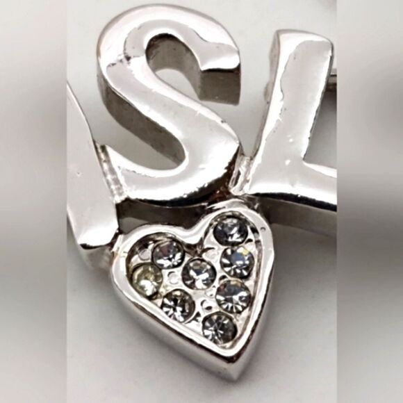 YSL Yves Saint Laurent Rhinestone Heart Silver Necklace Choker Jewelry Authentic - Picture 6 of 15